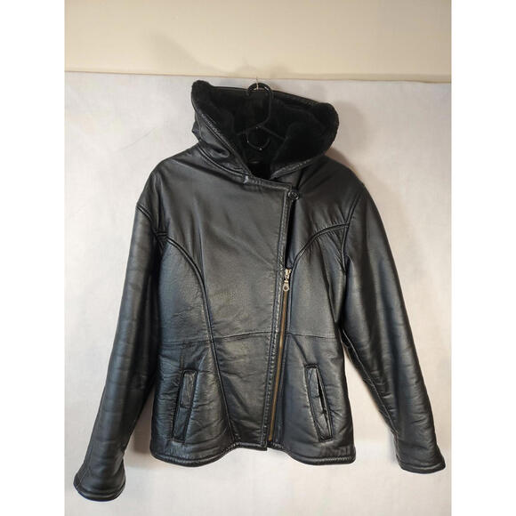 Wilson's 100% Leather Faux Fur Lined Hooded Zip Jacket Black Women’s Size Small - Picture 1 of 9